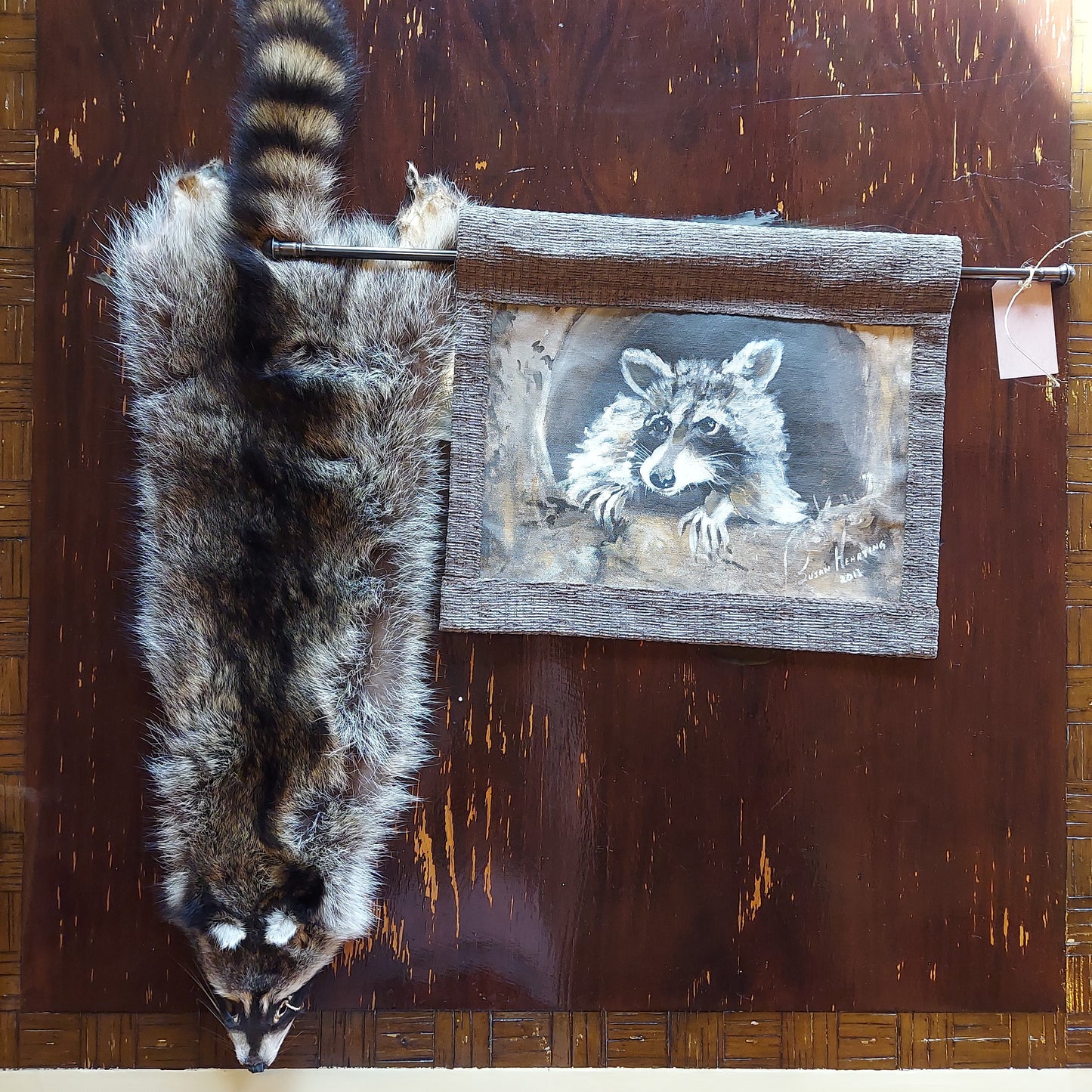 Raccoon pelt with coon painting