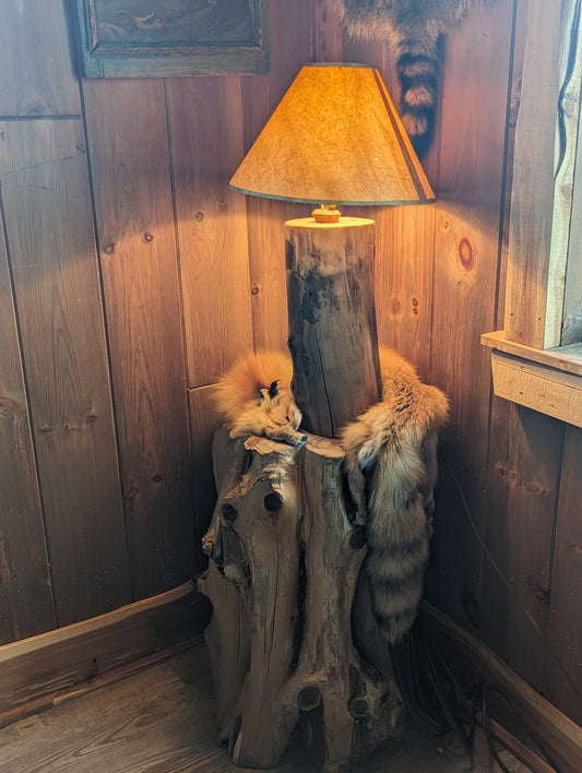 Stump table with lamp and Fox pelt